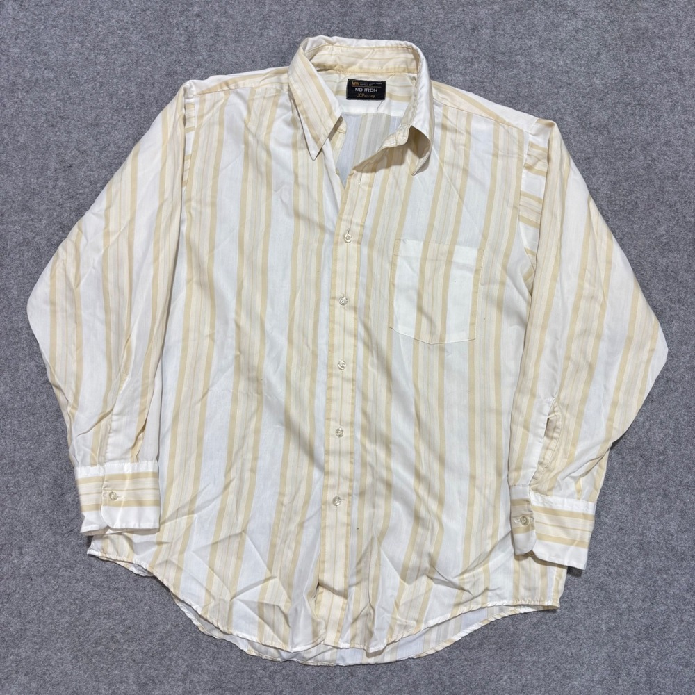 Vintage JCPenney No Iron Mens Striped Button Down Shirt Tan Cream Long Sleeve